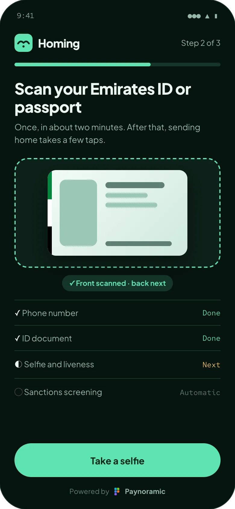 Homing remittance app onboarding, powered by Paynoramic: the Emirates ID scanned, with the selfie step next