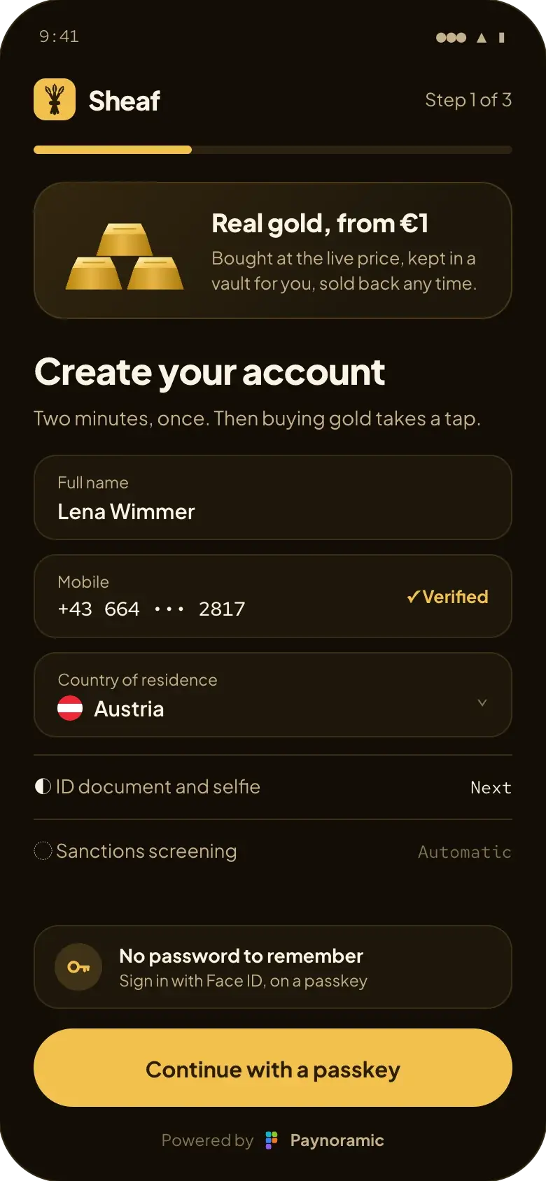 Sheaf gold savings app sign-up, powered by Paynoramic: creating an account with a verified mobile number and a passkey, with the ID and selfie step next