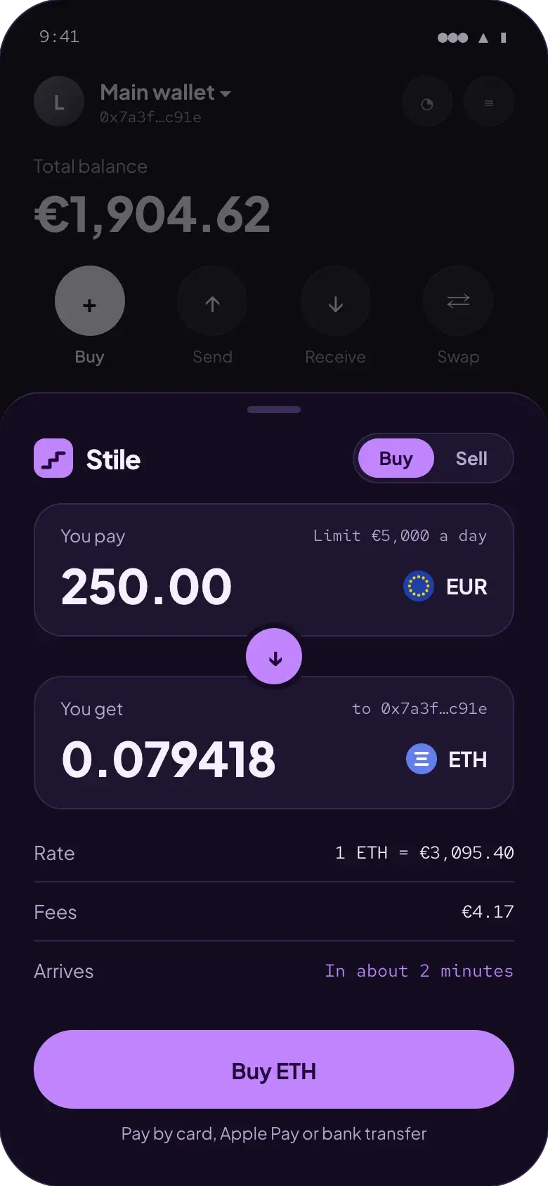 Stile buy widget open inside a partner's wallet app: €250.00 buys 0.079418 ETH at a live quote, sent to the customer's own wallet
