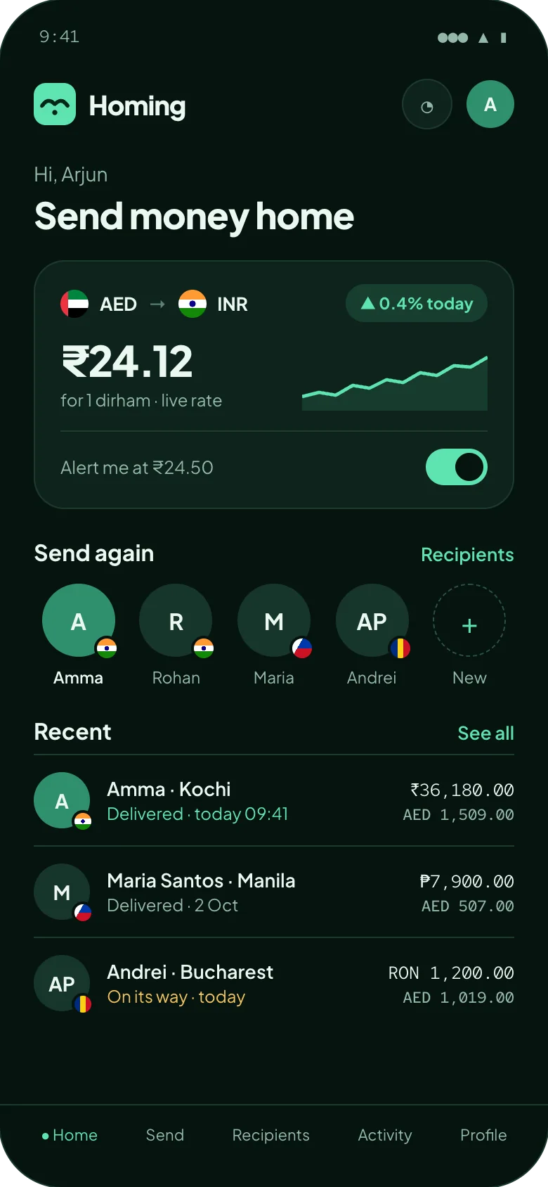 Homing app home: today's dirham to rupee rate, saved recipients in India, the Philippines and Romania, and recent transfers