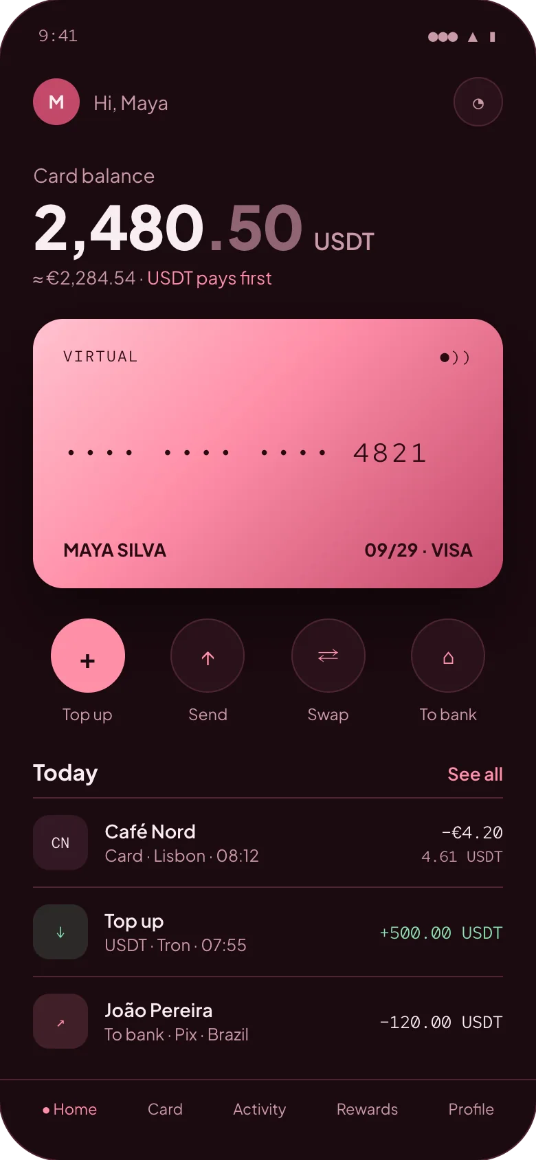 Crypto card app home with a 2,480.50 USDT card balance, the virtual card and today's payments