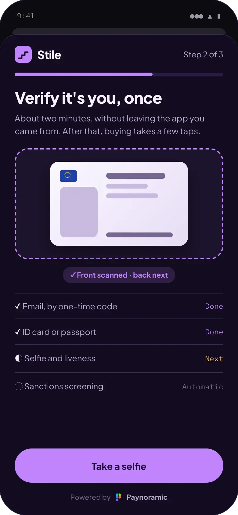 Stile identity check inside the widget, powered by Paynoramic: the ID card scanned, with the selfie step next