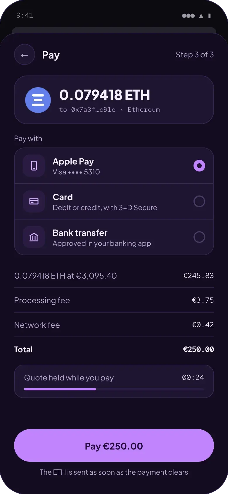 Paying €250.00 for 0.079418 ETH with Apple Pay, with the rate, the processing fee and the network fee above the total