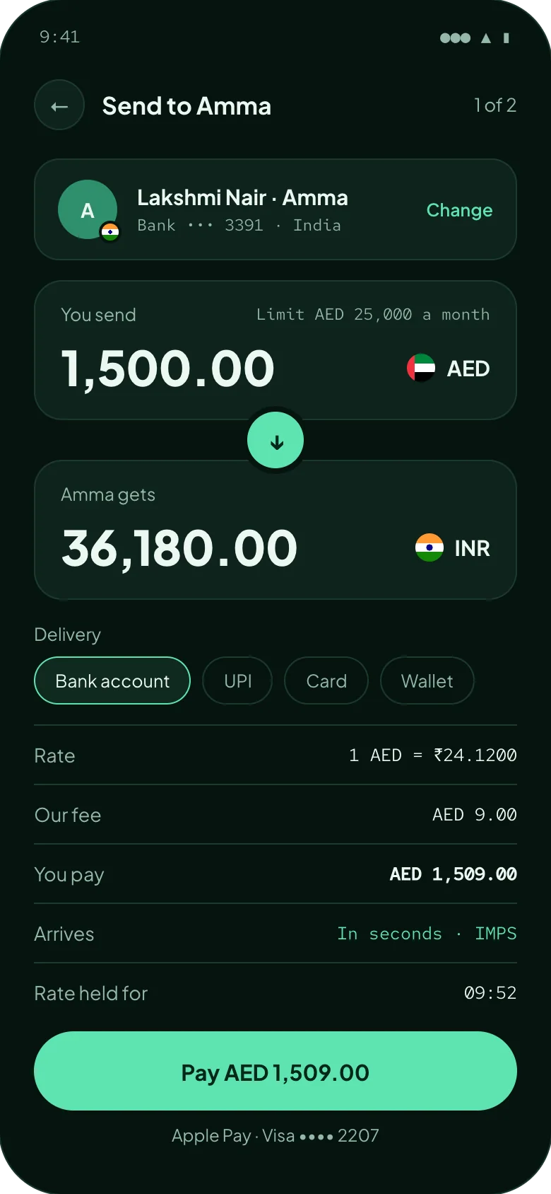 Sending AED 1,500 that arrives as ₹36,180.00 in a bank account in India, with the rate, the fee and the rate lock