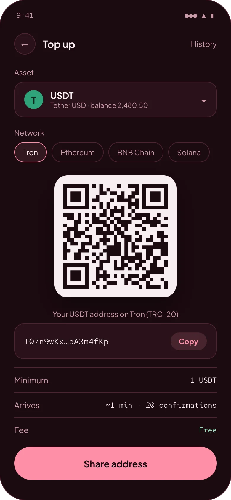 Top-up screen with a USDT deposit address and QR code on the Tron network