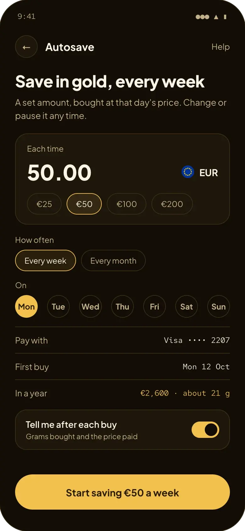 Setting up autosave in the Sheaf app: €50 of gold every Monday from 12 October, about €2,600 and 21 g a year, paid by Visa