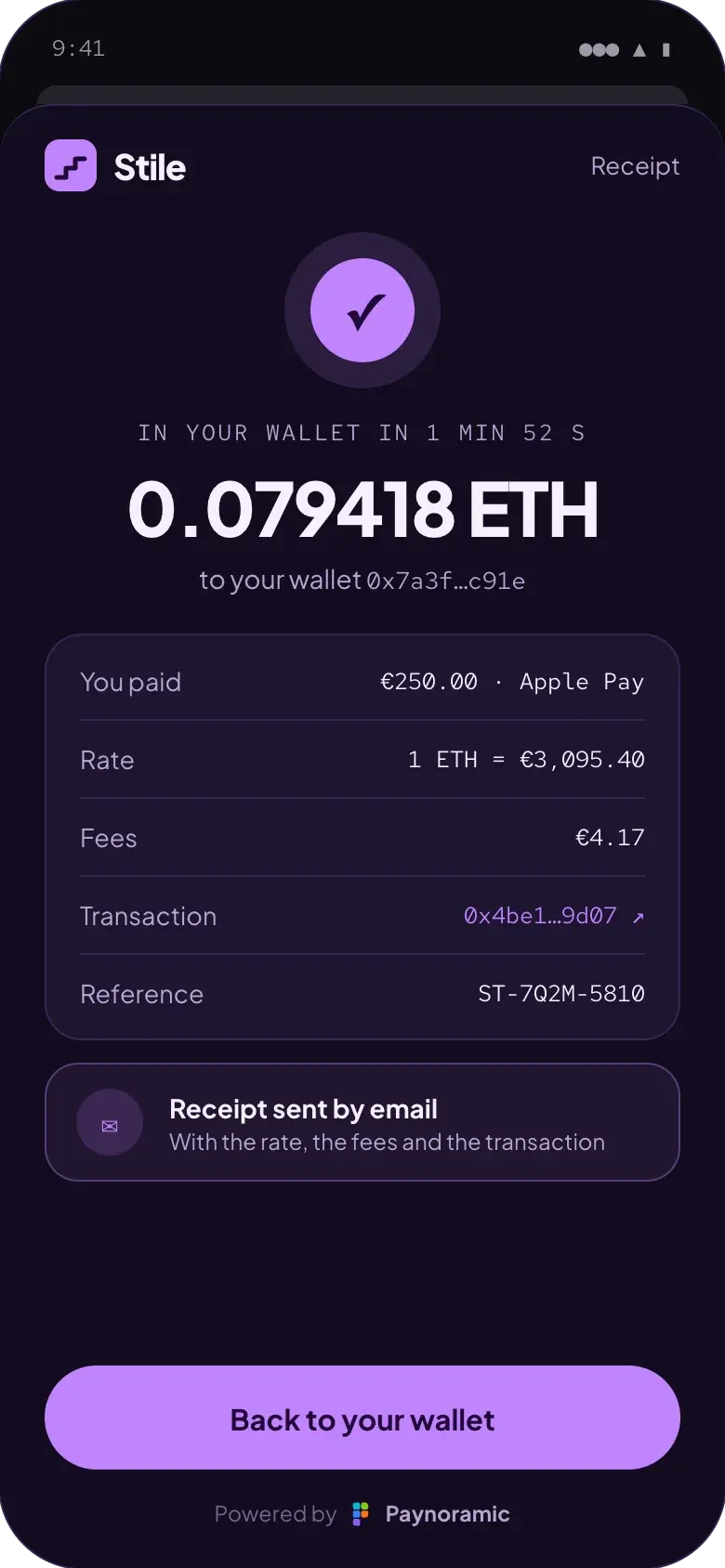 Stile receipt, powered by Paynoramic: 0.079418 ETH delivered to the customer's wallet, with the transaction and a reference