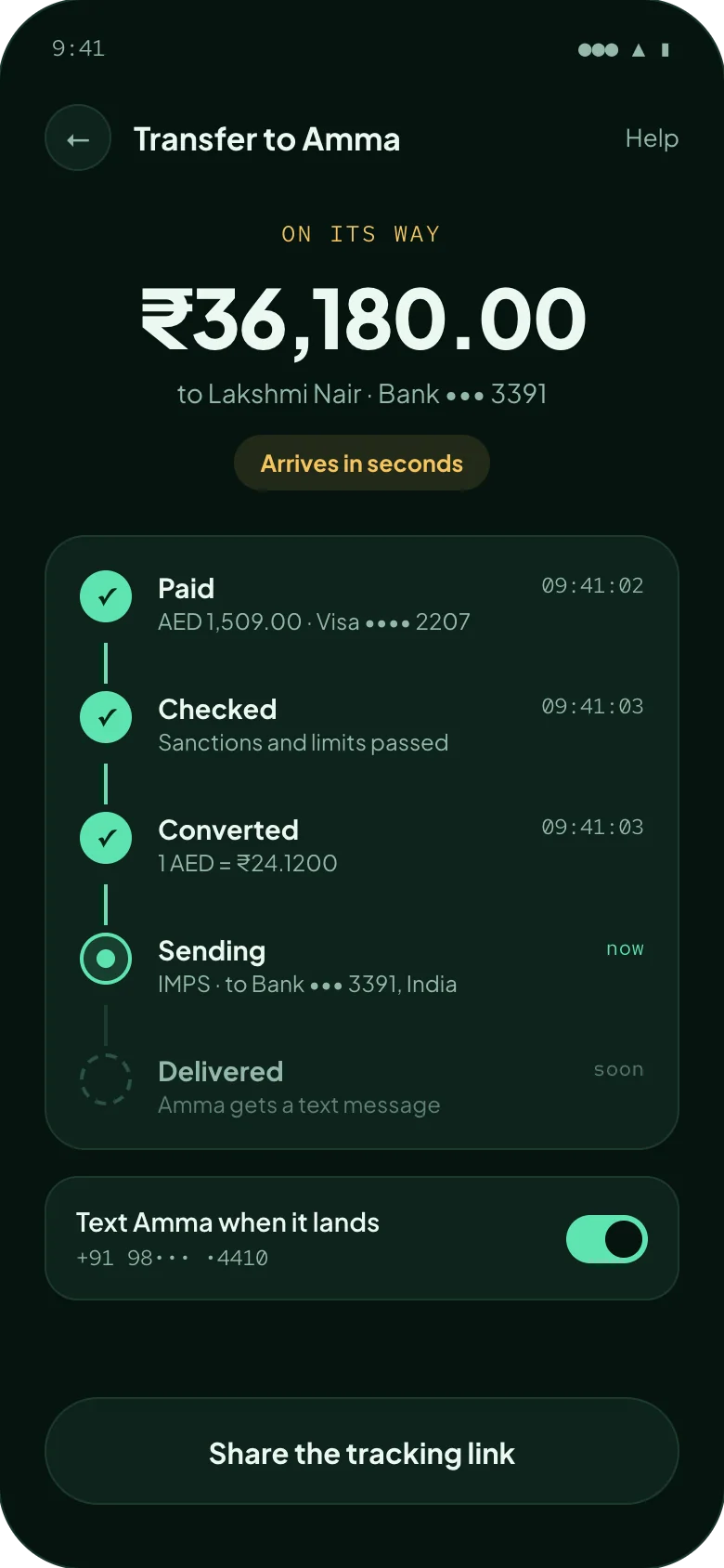 A transfer on its way: paid, checked and converted, now being sent to a bank in India by IMPS