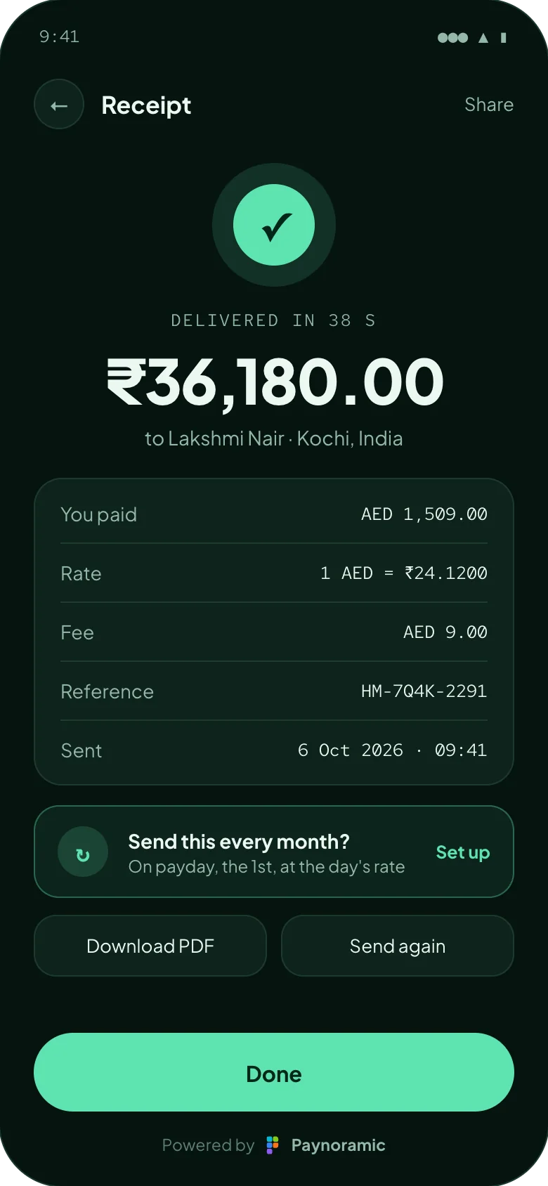 Homing receipt, powered by Paynoramic: ₹36,180.00 delivered in 38 seconds, with an option to send it every month