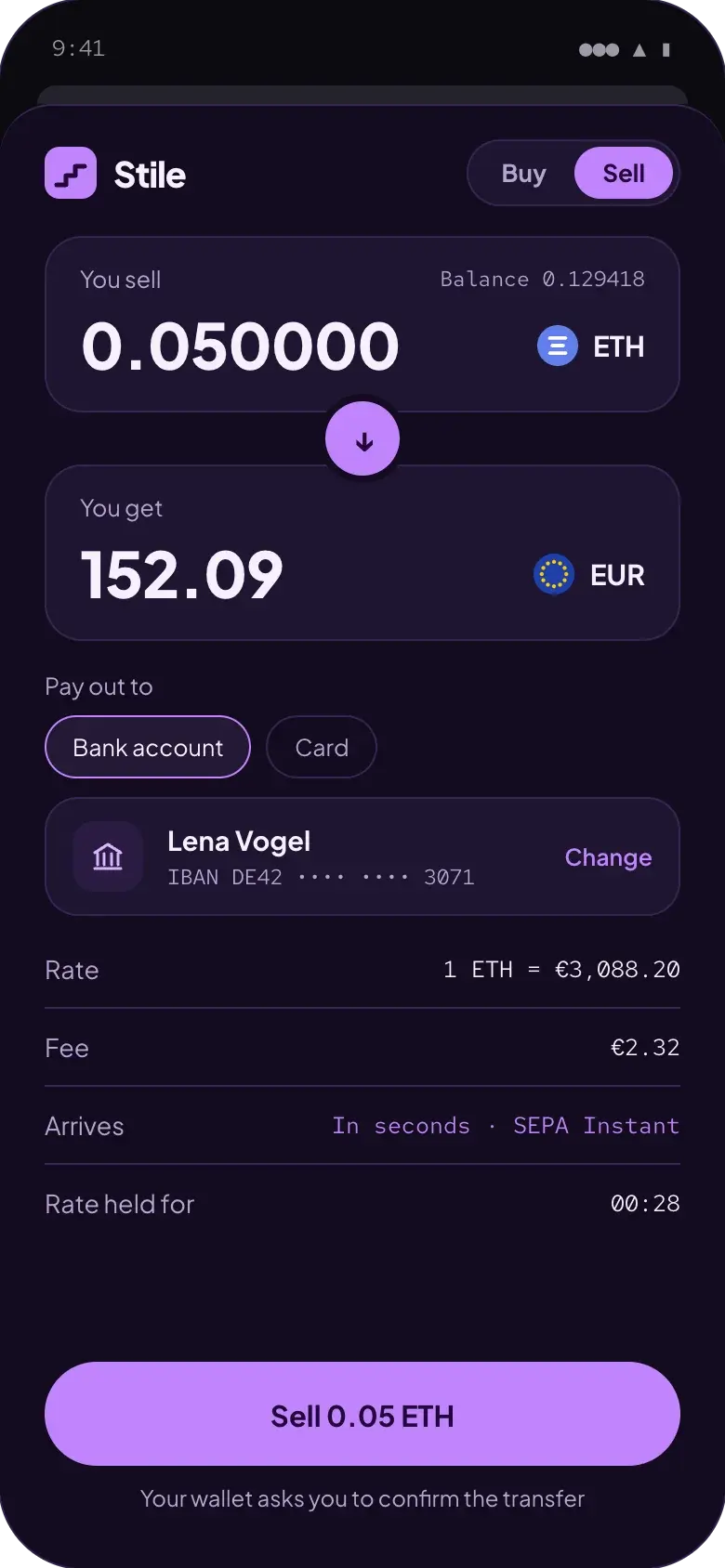 Selling 0.05 ETH for €152.09 in the Stile widget, paid out to a bank account by SEPA Instant, with the rate and the fee