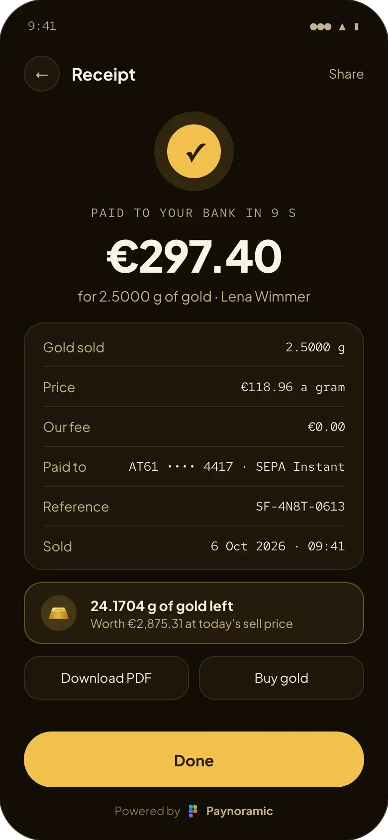 Sheaf sale receipt, powered by Paynoramic: 2.5000 g of gold sold for €297.40 at €118.96 a gram, paid to an Austrian bank account by SEPA Instant in 9 seconds