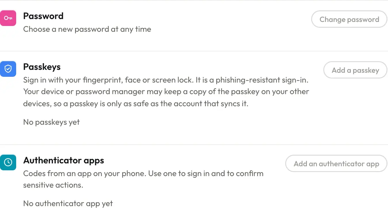Marengo's security settings: password, passkeys and authenticator apps