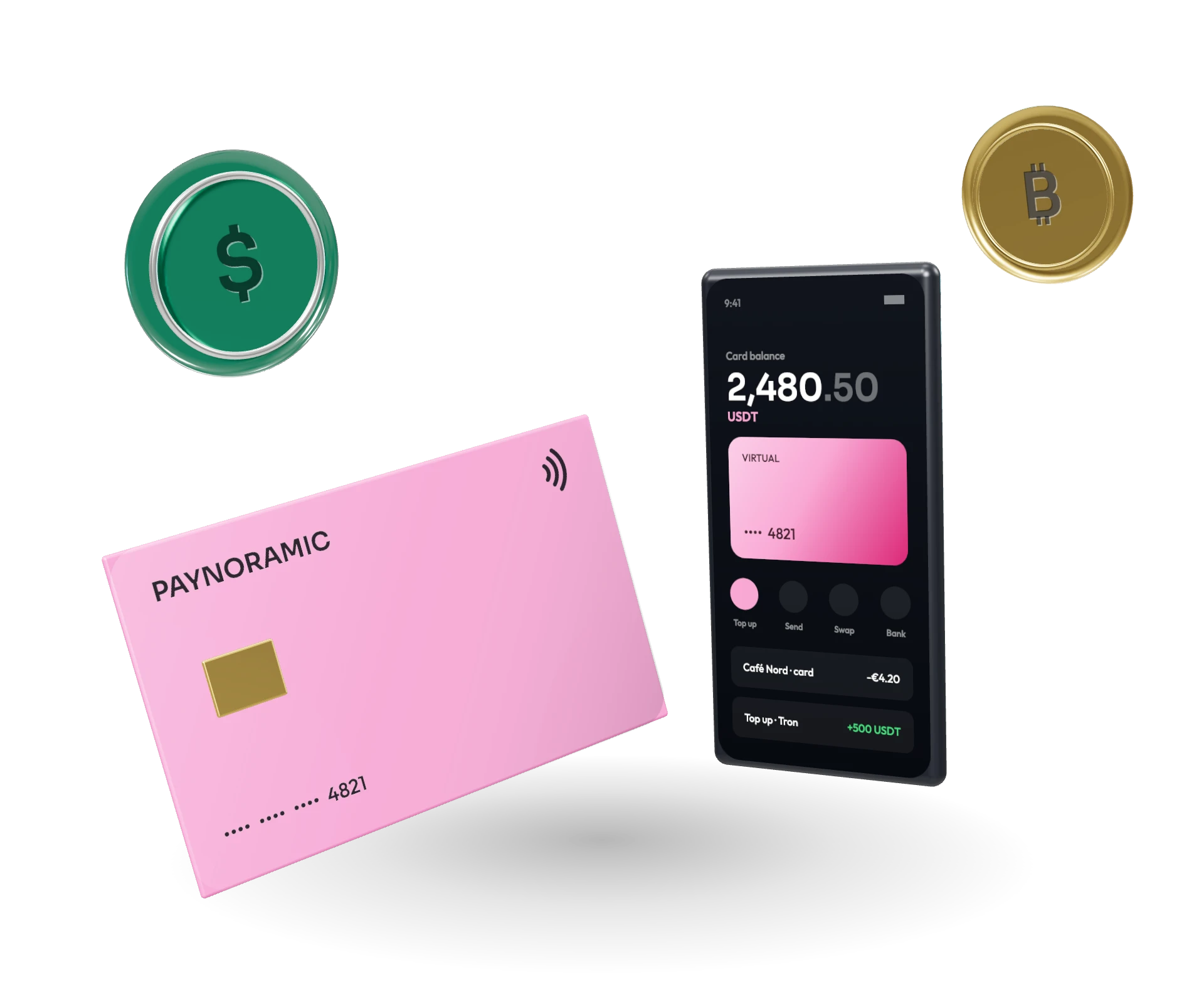 A pink payment card in front of a phone showing a USDT card balance, with a green dollar coin and a gold bitcoin